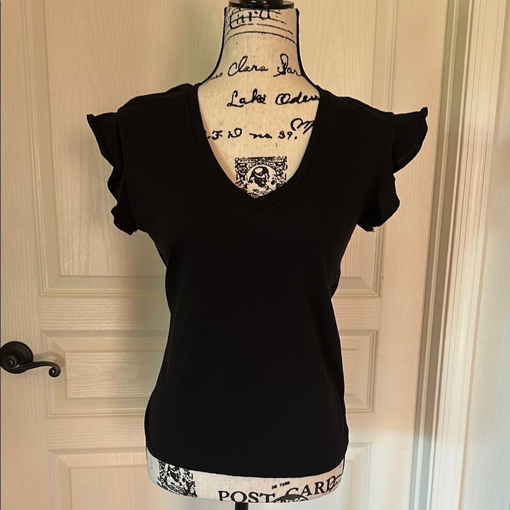 Mango Black Flutter Sleeve Fitted Tee